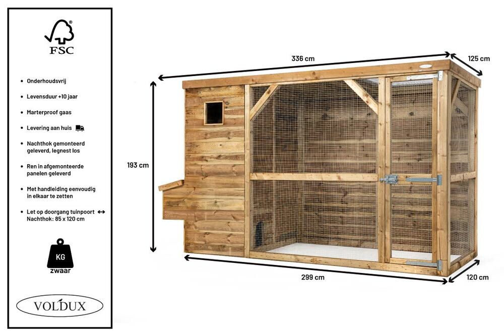 Voldux Toon - Kippenhok met ren - Naturel - 336x125x193cm - Links