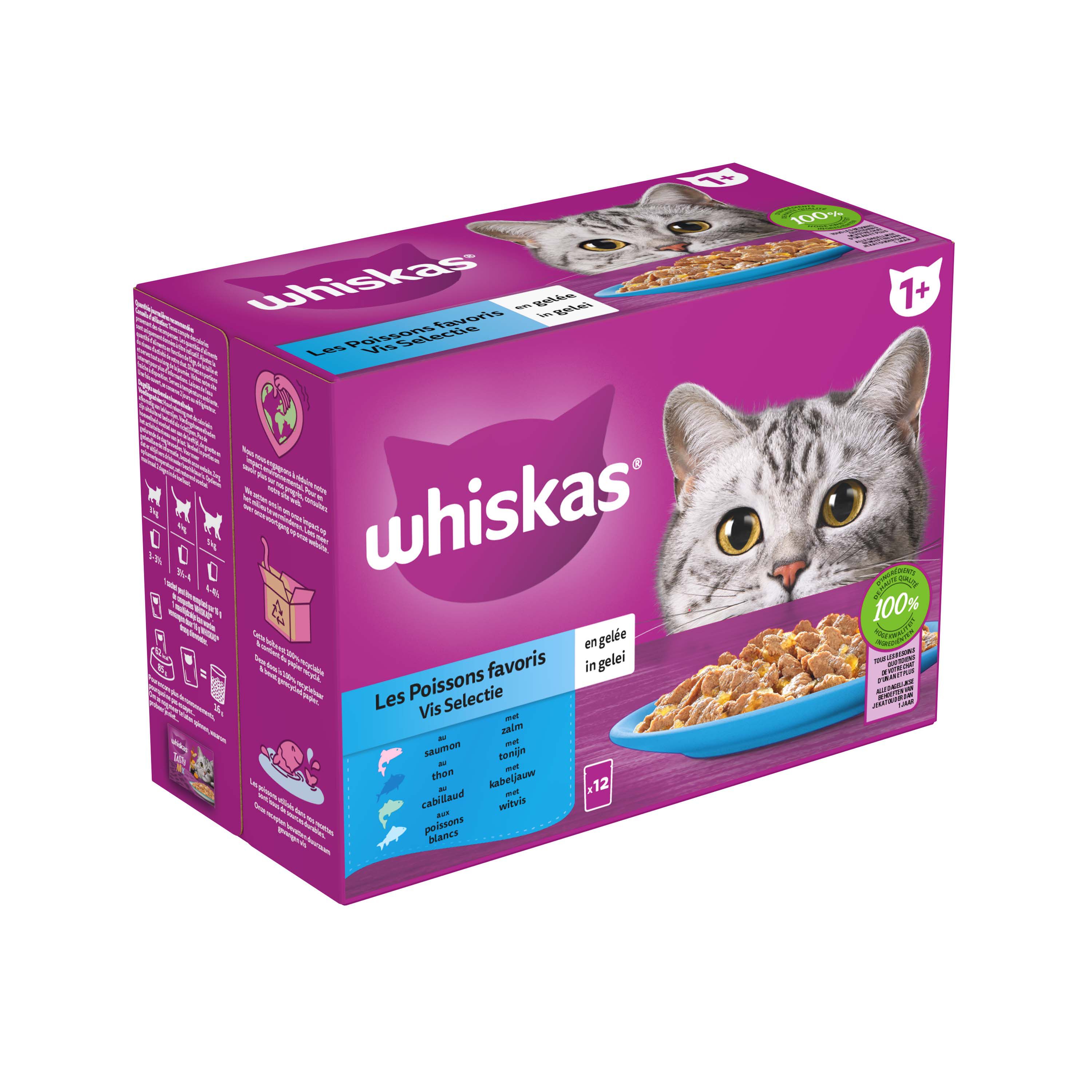 Whiskas  1+ Vis Selectie in gelei - Kattenvoer - 12x85 gram - Zalm - Tonijn - 1,02 kg