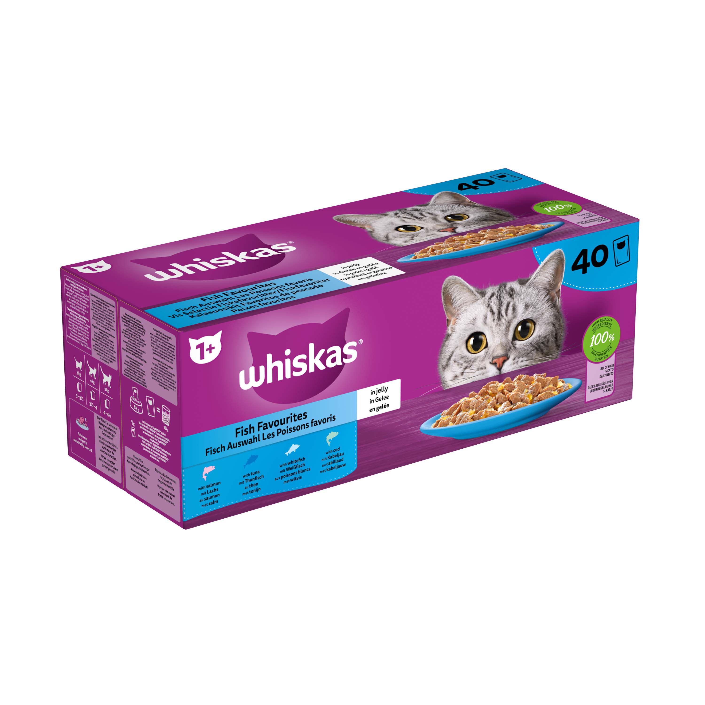 Whiskas  1+ Vis Selectie in gelei - Kattenvoer - 40x85 gram - Zalm - Tonijn - 3,4 kg