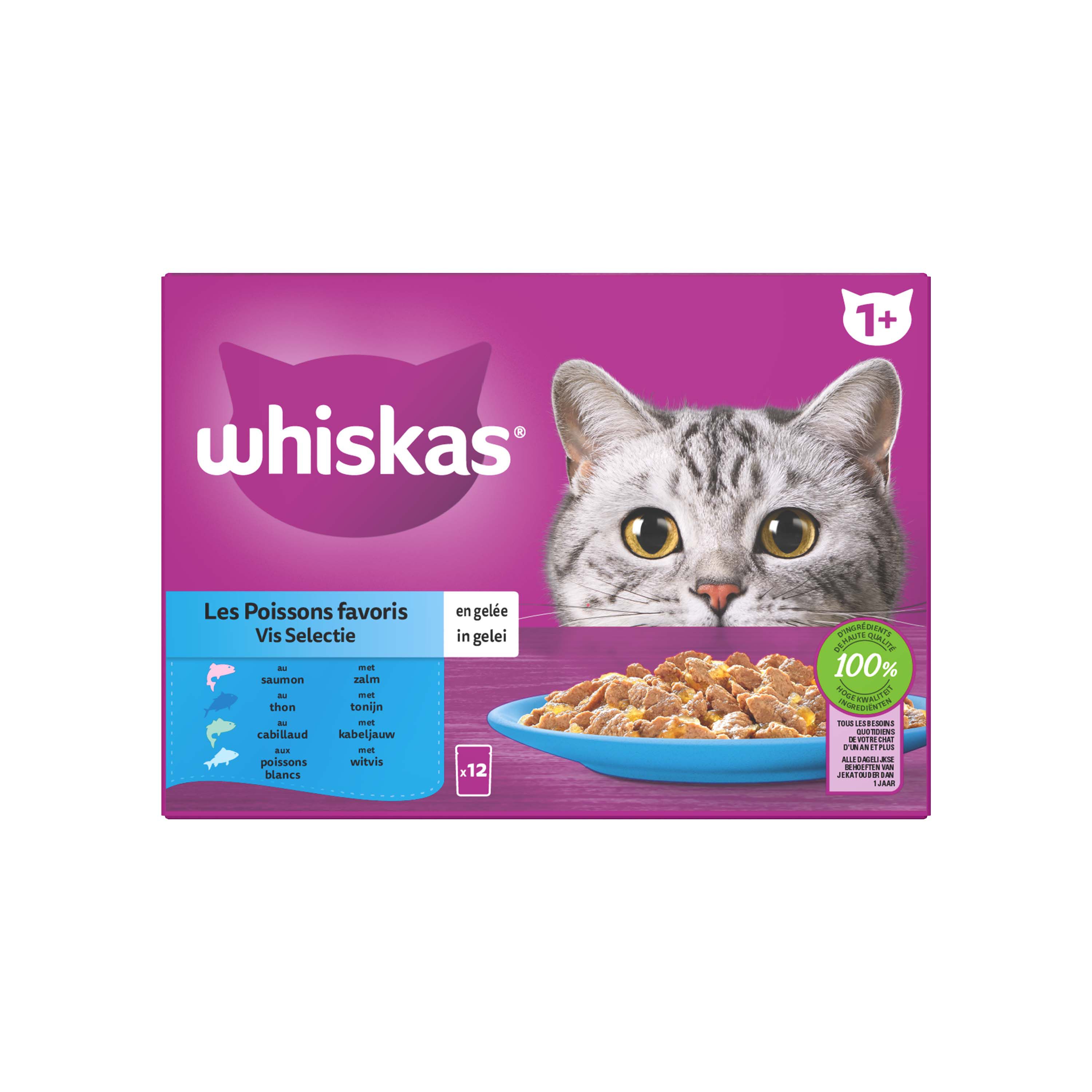 Whiskas  1+ Vis Selectie in gelei - Kattenvoer - 12x85 gram - Zalm - Tonijn - 1,02 kg