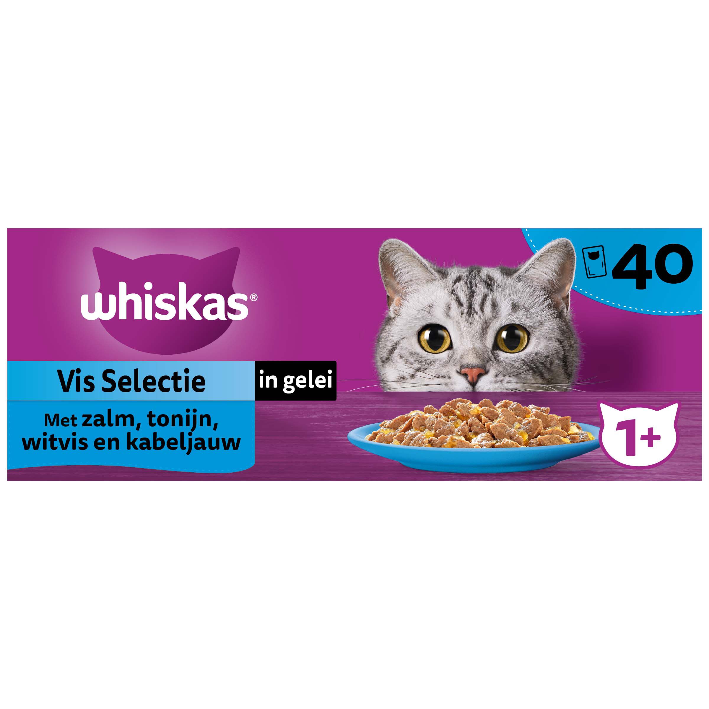 Whiskas  1+ Vis Selectie in gelei - Kattenvoer - 40x85 gram - Zalm - Tonijn - 3,4 kg