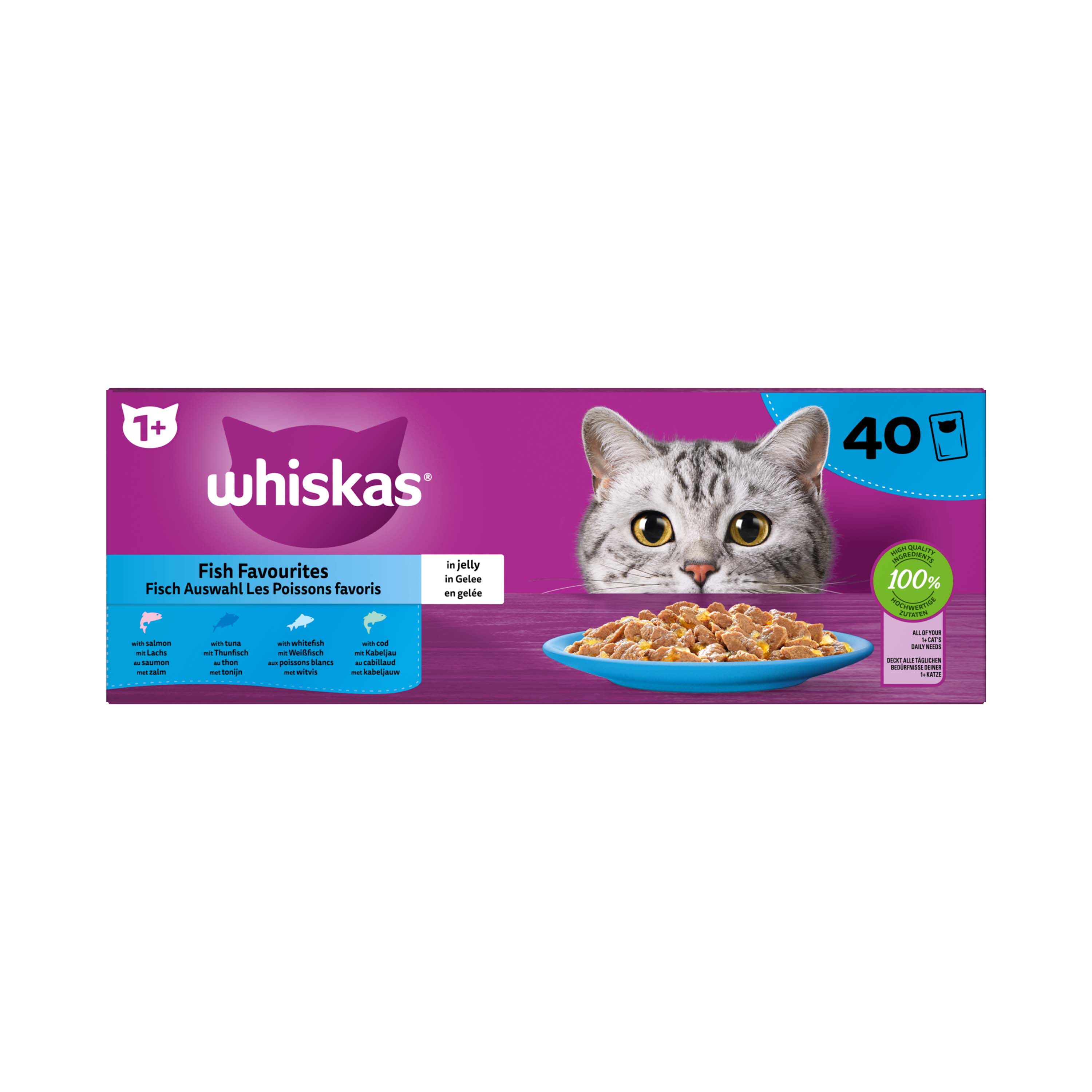 Whiskas  1+ Vis Selectie in gelei - Kattenvoer - 40x85 gram - Zalm - Tonijn - 3,4 kg